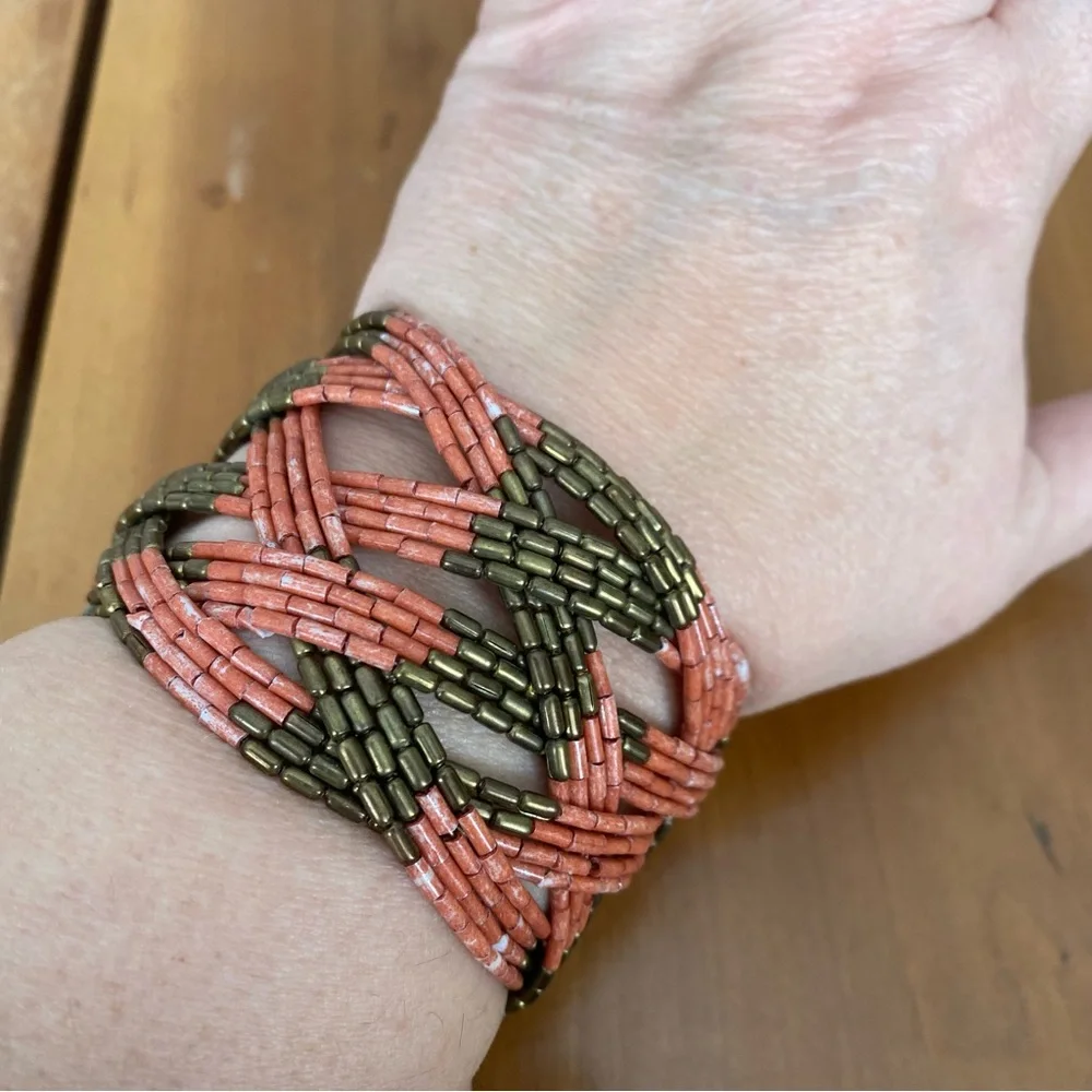 Salmon pink and bronze-gold Multicolor Seed Beaded Cuff Bracelet, 2-inches wide